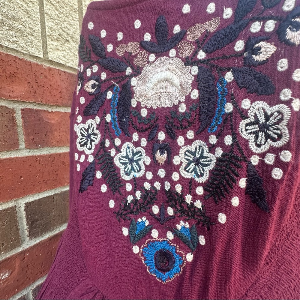 Free People Plum Backless Dress FloralEmbroidered BOHO Artsy Flow Babydoll Sz M - Picture 2 of 16